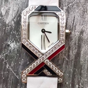 Cartier Diagonale 까르띠에 디아고날 여성 쿼츠 시계 로즈골드 악어가죽 화이트 밴드