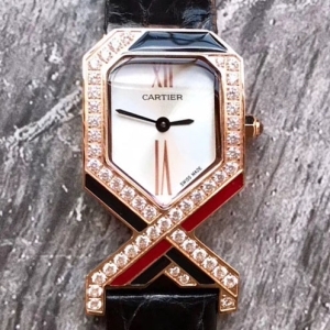 Cartier Diagonale 까르띠에 디아고날 여성 쿼츠 시계 로즈골드 악어가죽 블랙 밴드