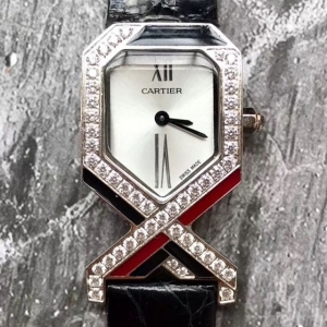 Cartier Diagonale 까르띠에 디아고날 여성 쿼츠 시계 실버 악어가죽 블랙 밴드