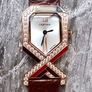 Cartier Diagonale 까르띠에 디아고날 여성 쿼츠 시계 로즈골드 악어가죽 브라운 밴드