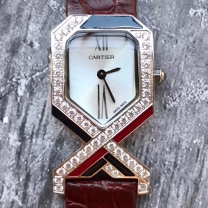 Cartier Diagonale 까르띠에 디아고날 여성 쿼츠 시계 실버 악어가죽 브라운 밴드