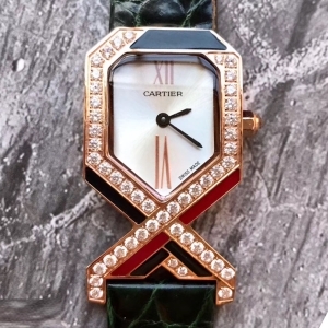 Cartier Diagonale 까르띠에 디아고날 여성 쿼츠 시계 로즈골드 악어가죽 그린 밴드