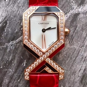 Cartier Diagonale 까르띠에 디아고날 여성 쿼츠 시계 로즈골드 악어가죽 레드 밴드