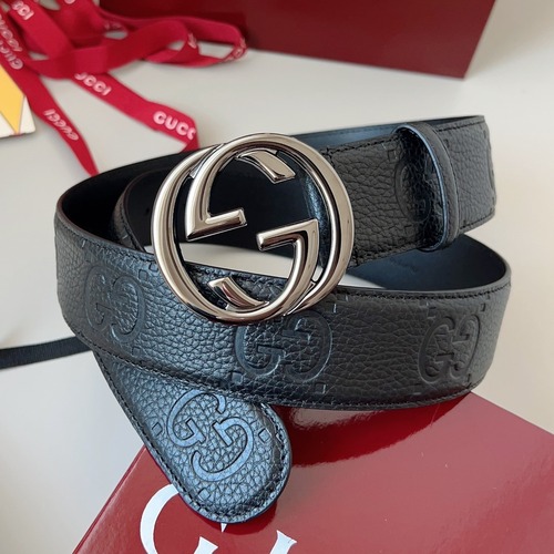 Gucci 구찌 블랙 GG 그레인 가죽 더블 G 버클 벨트